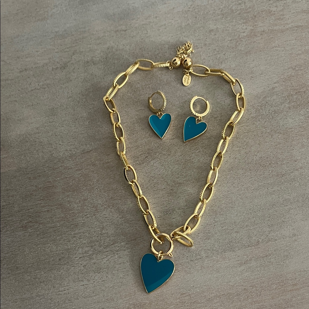 Chic Gold And Teal Heart Necklace Set With Earrings